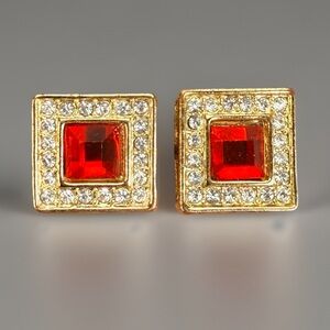 Elegant Goldtone and Red Square Pierced Earrings